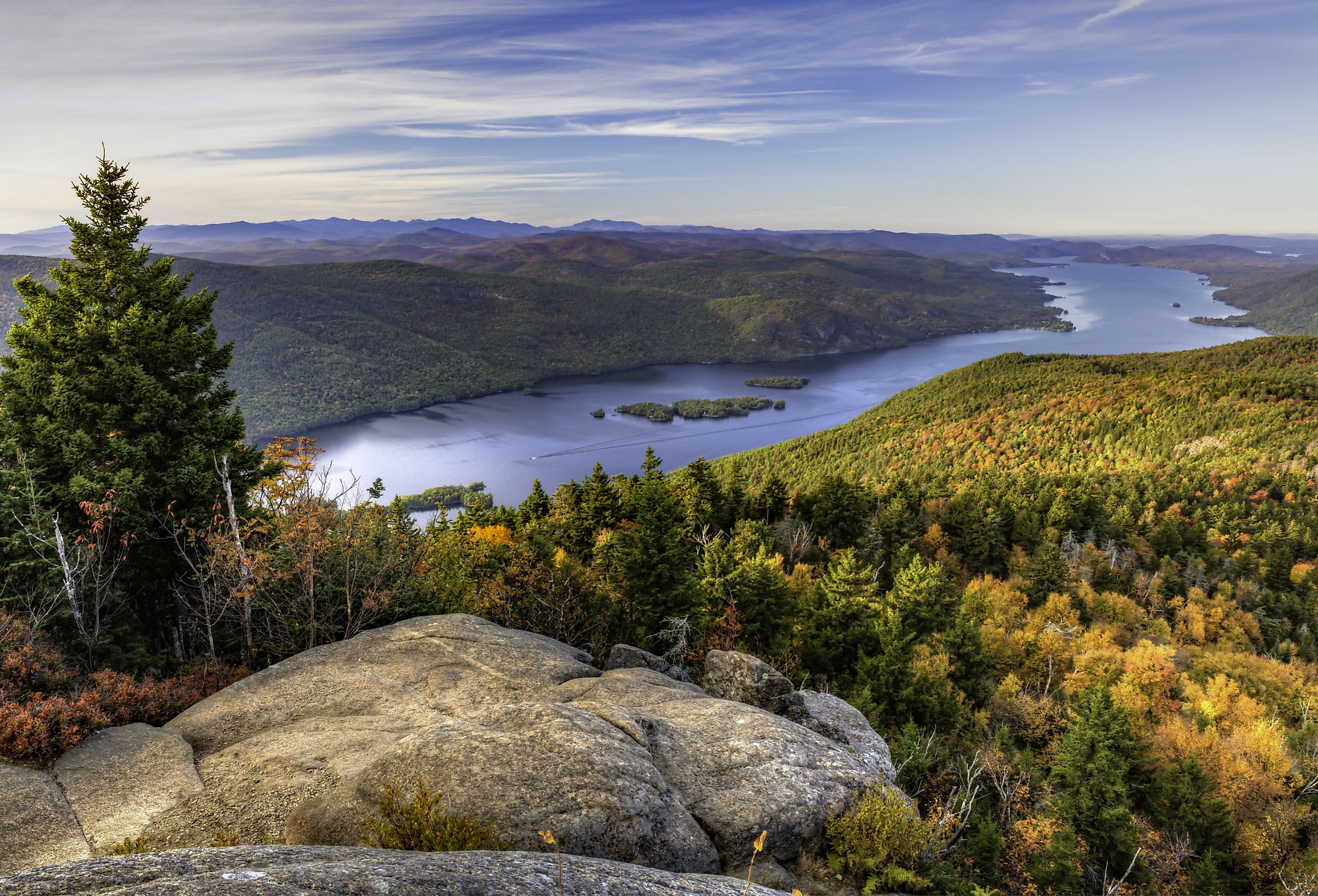 Aerial view of Lake George and the Tongue Mountain Range seen from a lookout on Black Mountain in the Adirondack Mountains of New York.