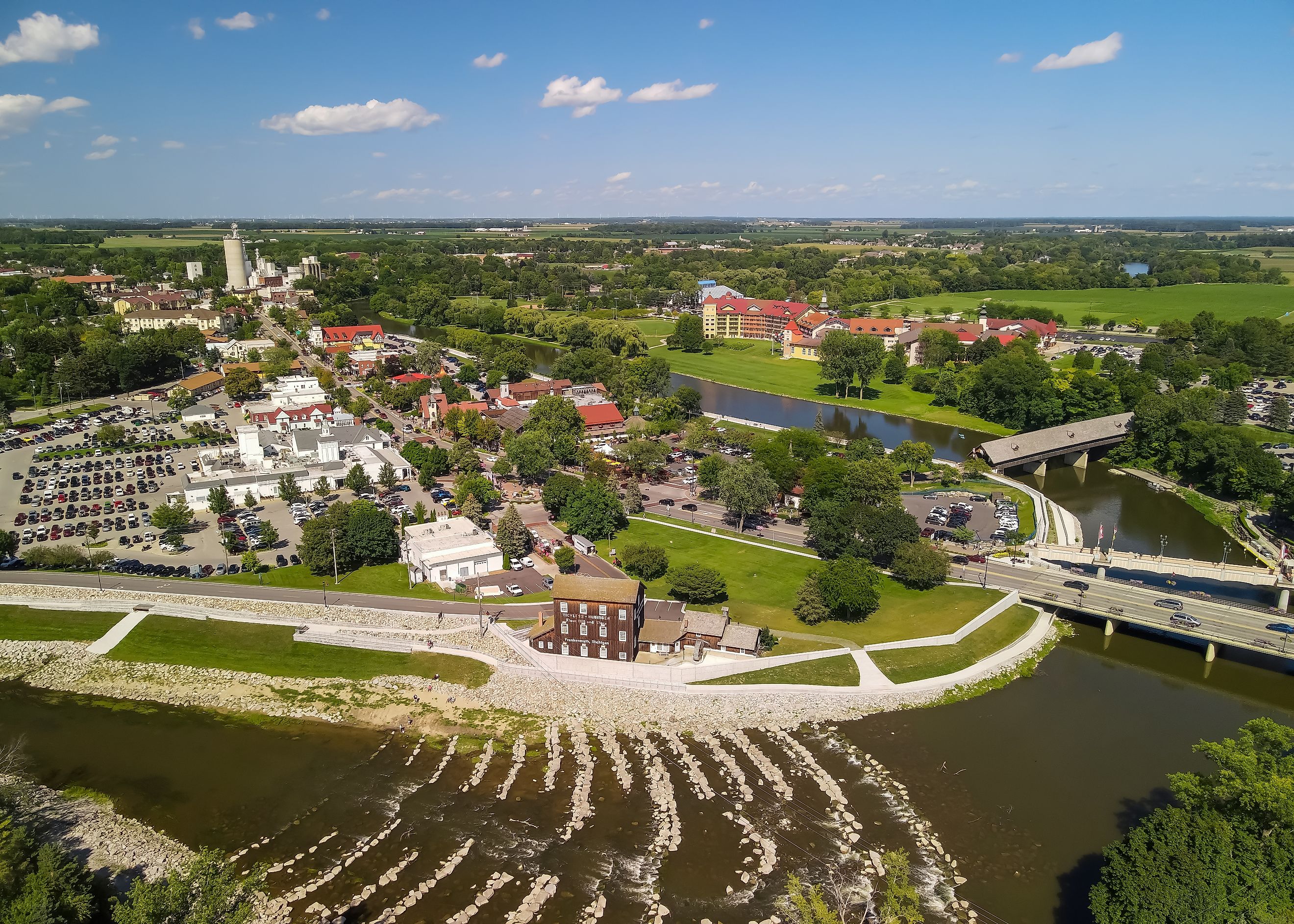 Aerial view of Frankenmuth city in Michigan, known for its Bavarian-style architecture.