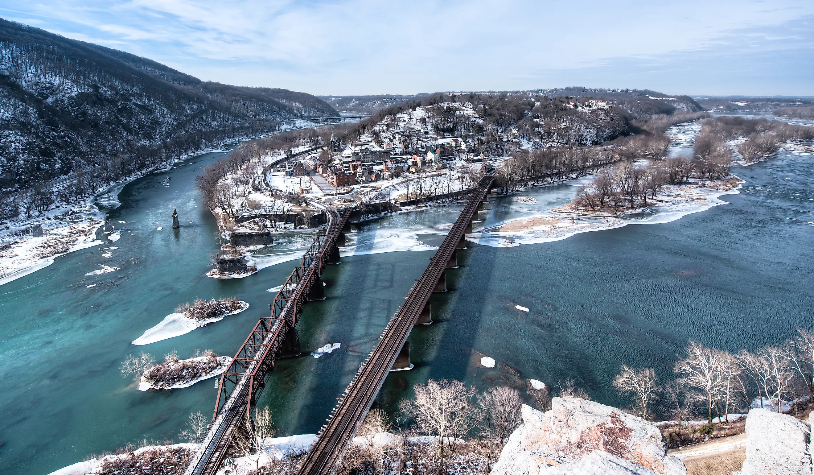 Aerial view of Harpers Ferry, West Virginia.