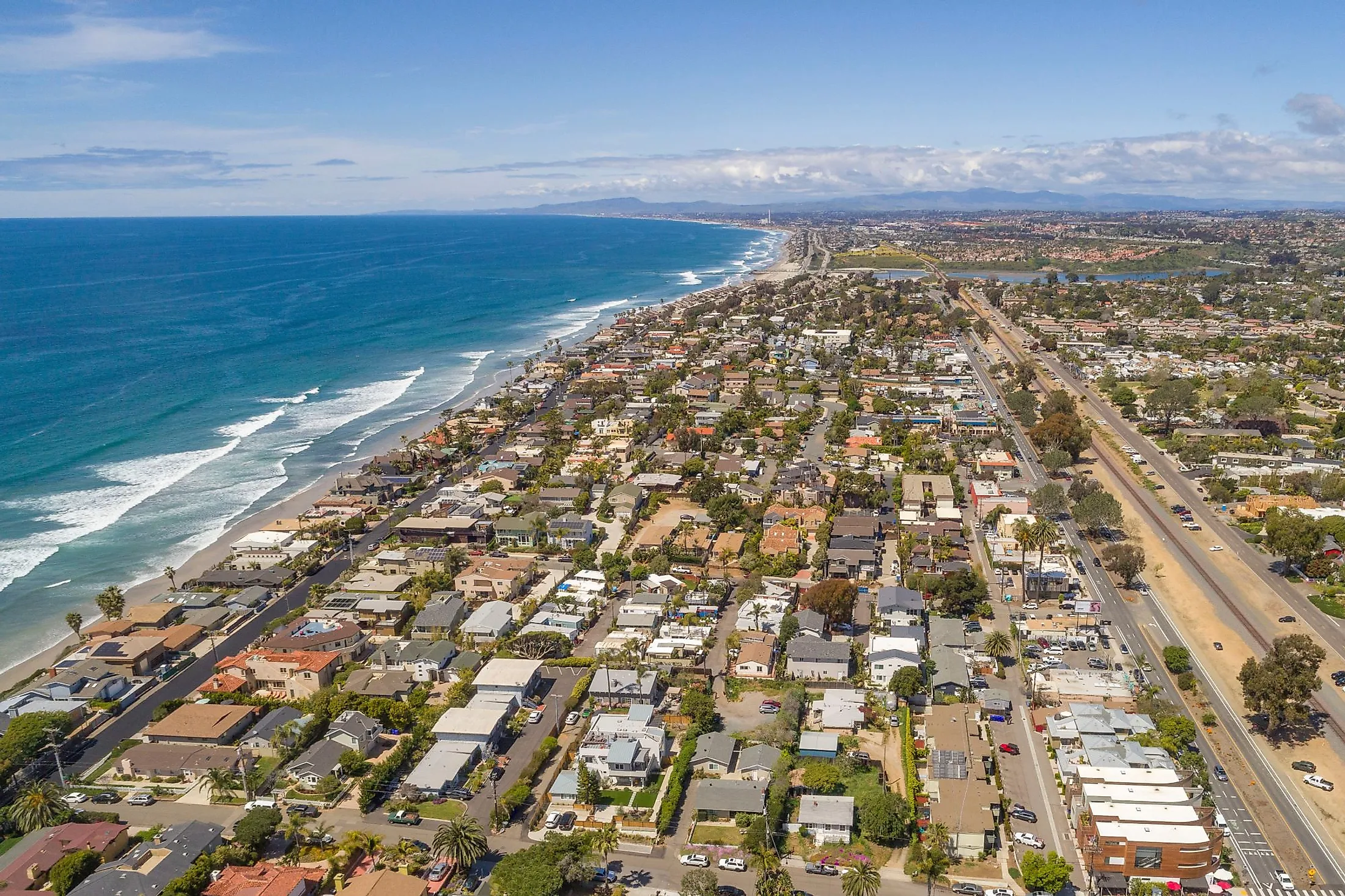 Aerial view of Encinitas, California along the Pacific Ocean Coastline. 