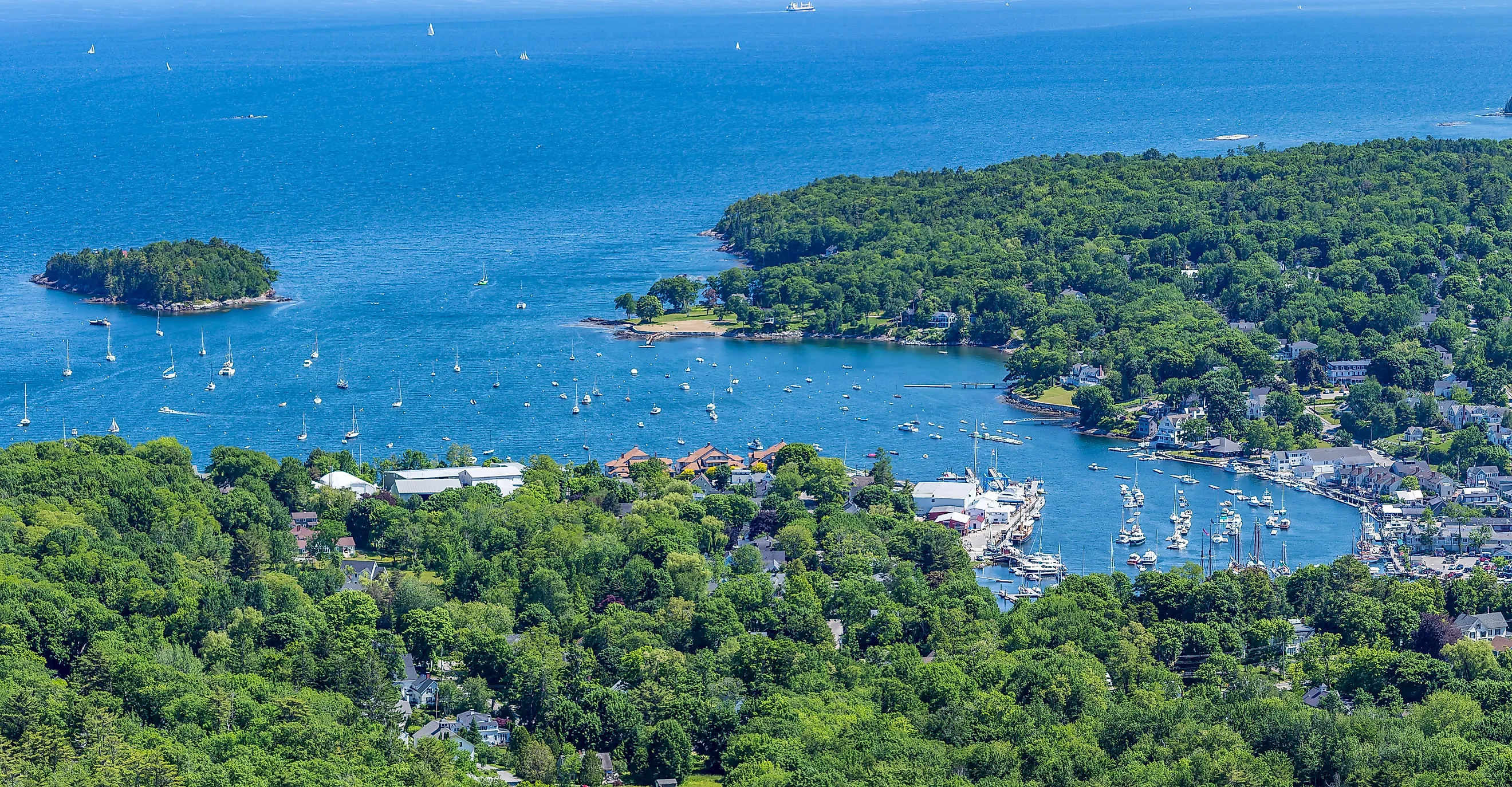 A view of the harbor in Camden, Maine from the summit of Mount Battie in Camden Hills State Park.