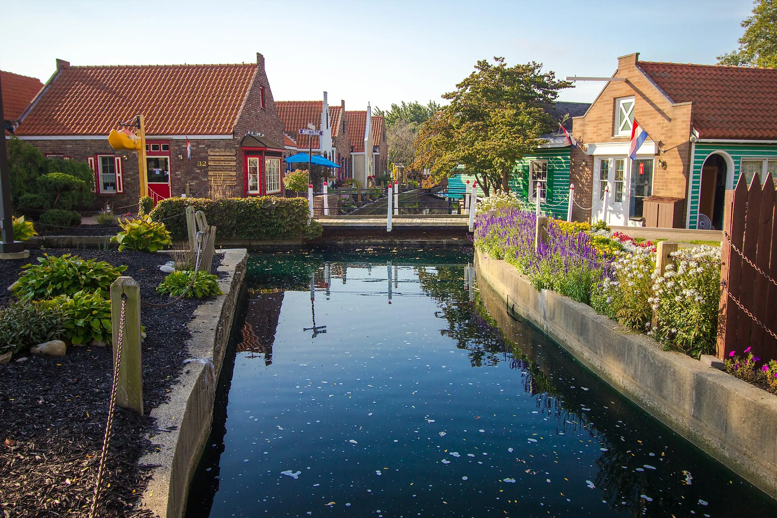 Holland, Michigan: Nelis Dutch Village street scene with canal. The Village features gift shops, rides and attractions in the town of Holland, Michigan.