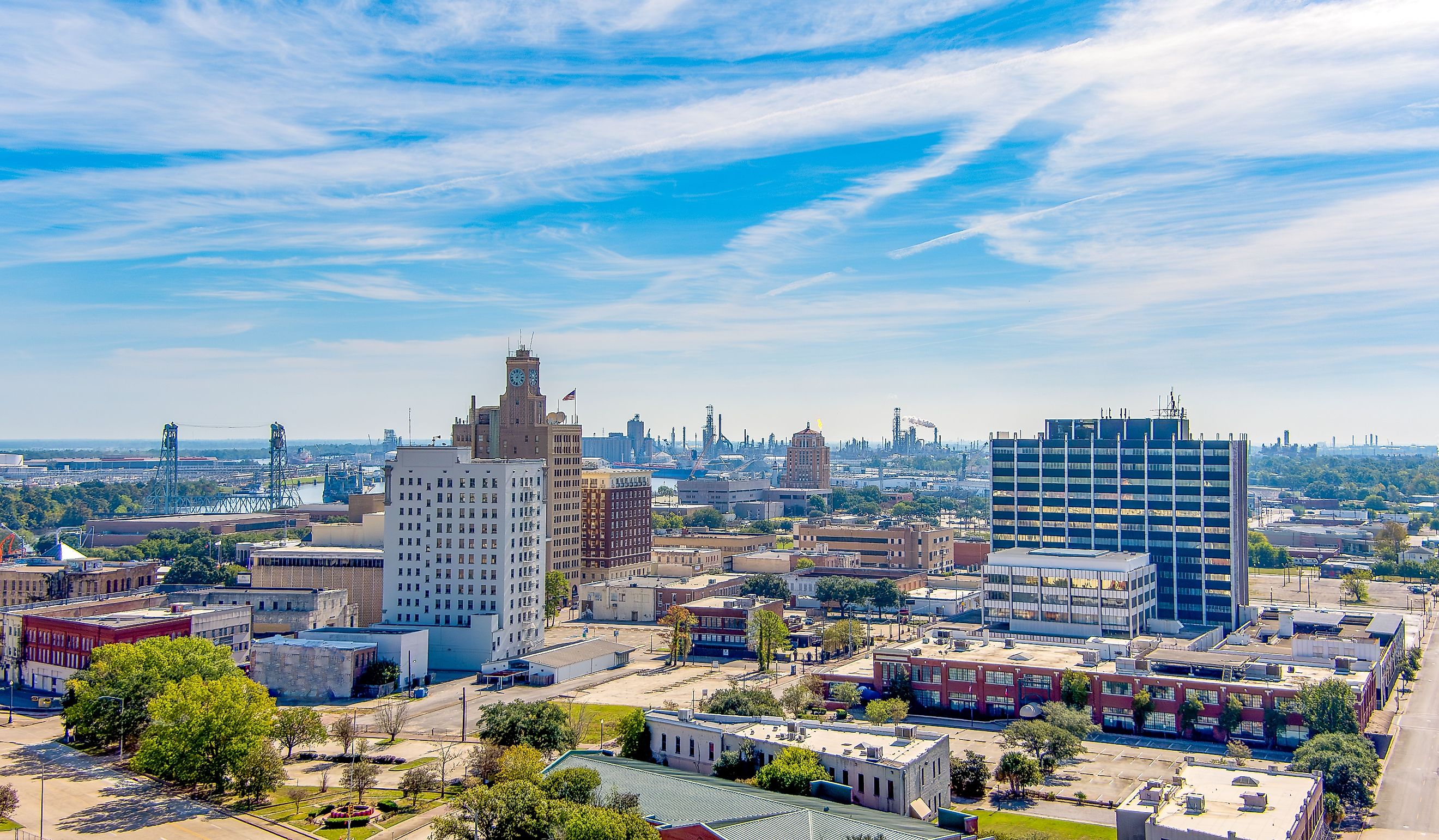 Aerial view of Beaumont Texas cityscape with modern and historic building.