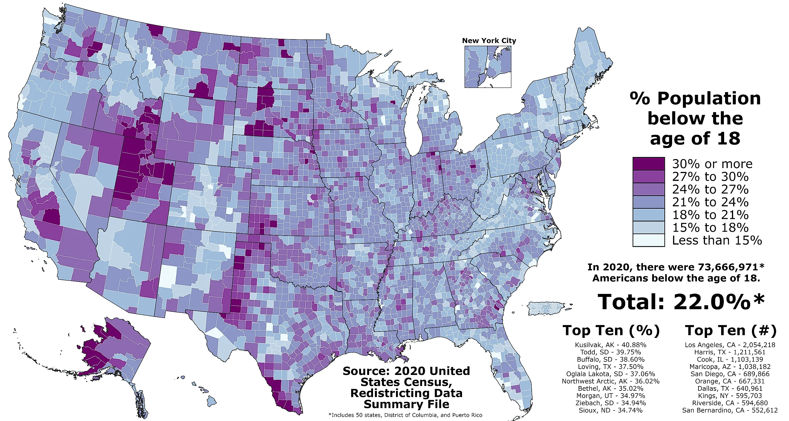 Proportion of Americans under the age of 18 in each county of the fifty states, the District of Columbia, and Puerto Rico as of the 2020 United States census. By Abbasi786786 - Own work, CC BY-SA 4.0, https://commons.wikimedia.org/w/index.php?curid=113128