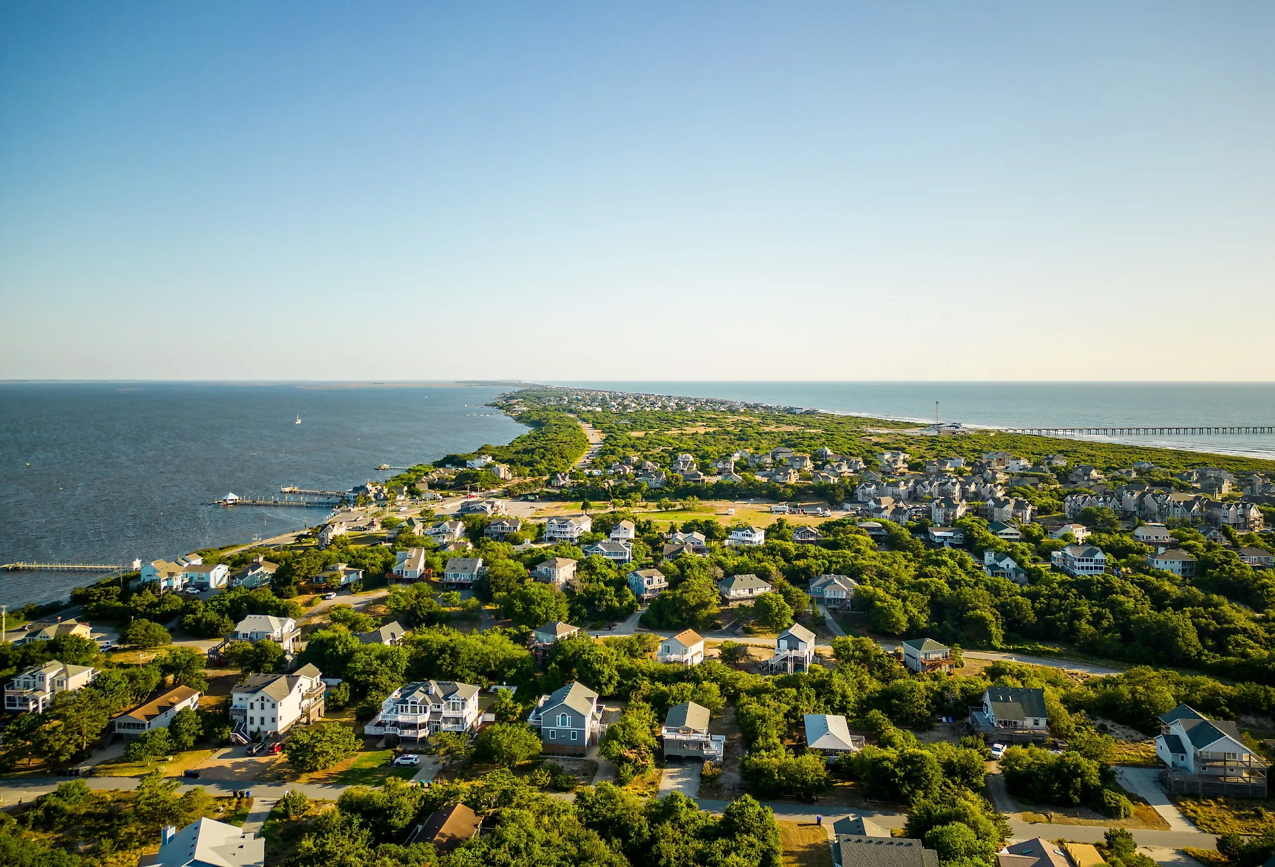 Aerial drone photo of Duck North Carolina a coastal beach town.