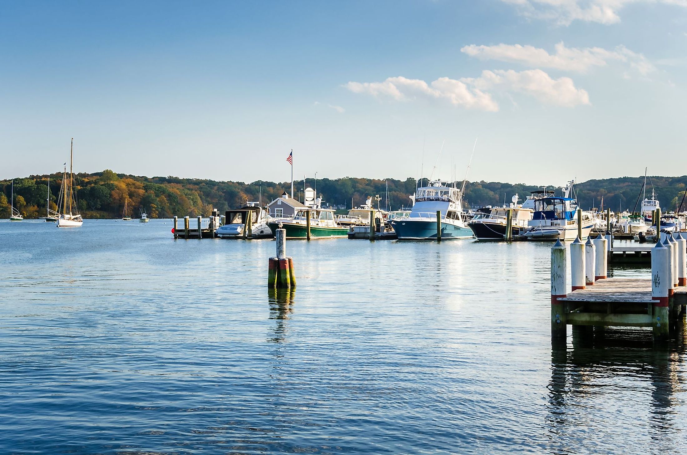 Marina on the Connecticut River on a warm autumn day in Essex, Connecticut. 