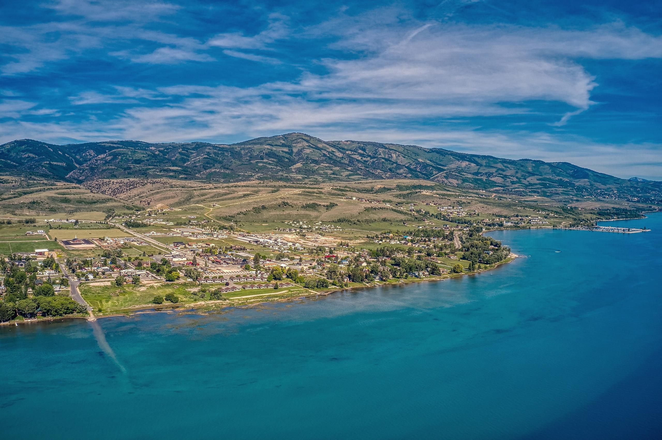 Aerial view of Garden City, Utah, on the shore of Bear Lake.