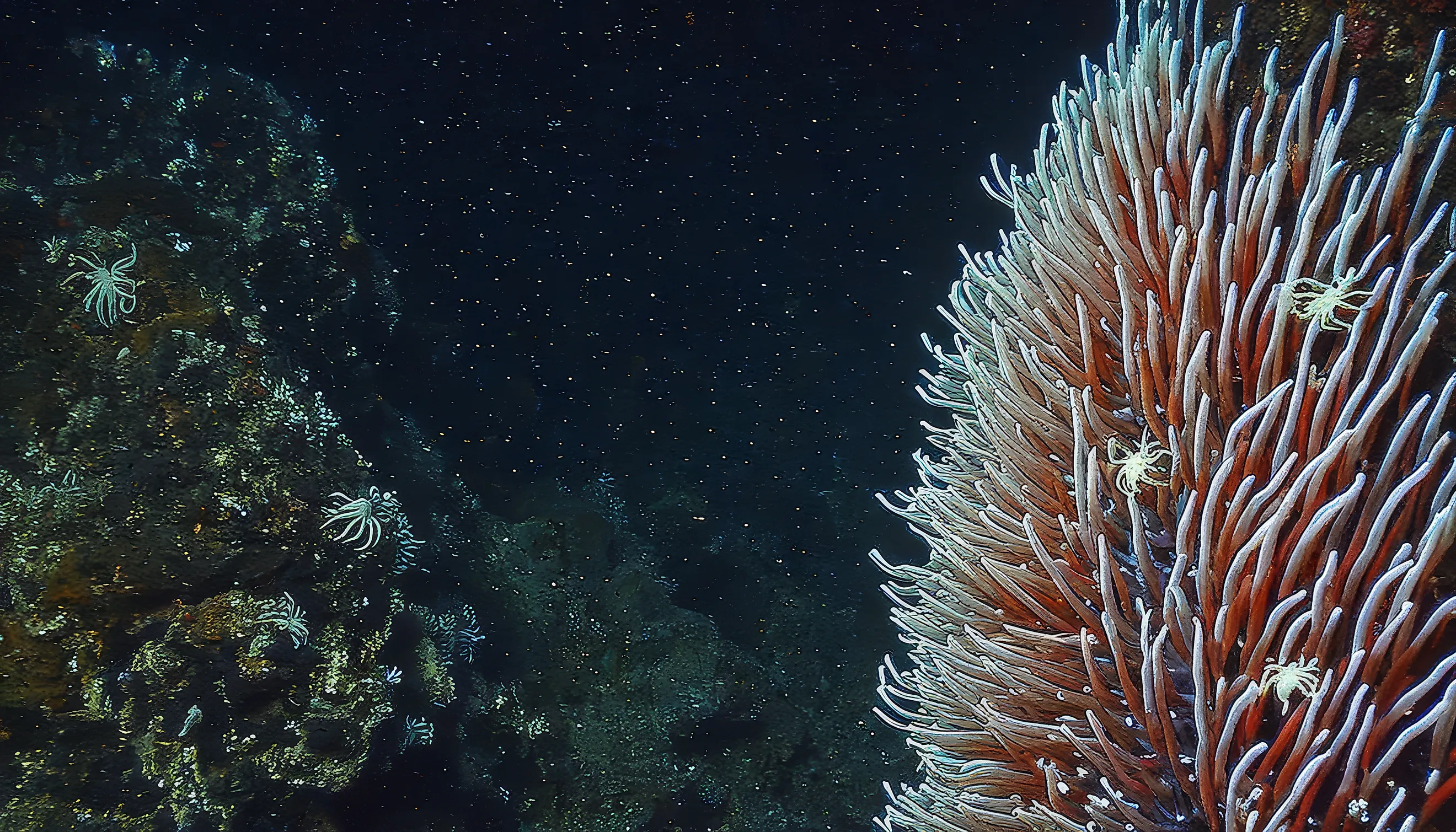 Giant Tube Worms Riftia pachyptila thriving at a deep-sea hydrothermal vent in the Mariana Trench. 