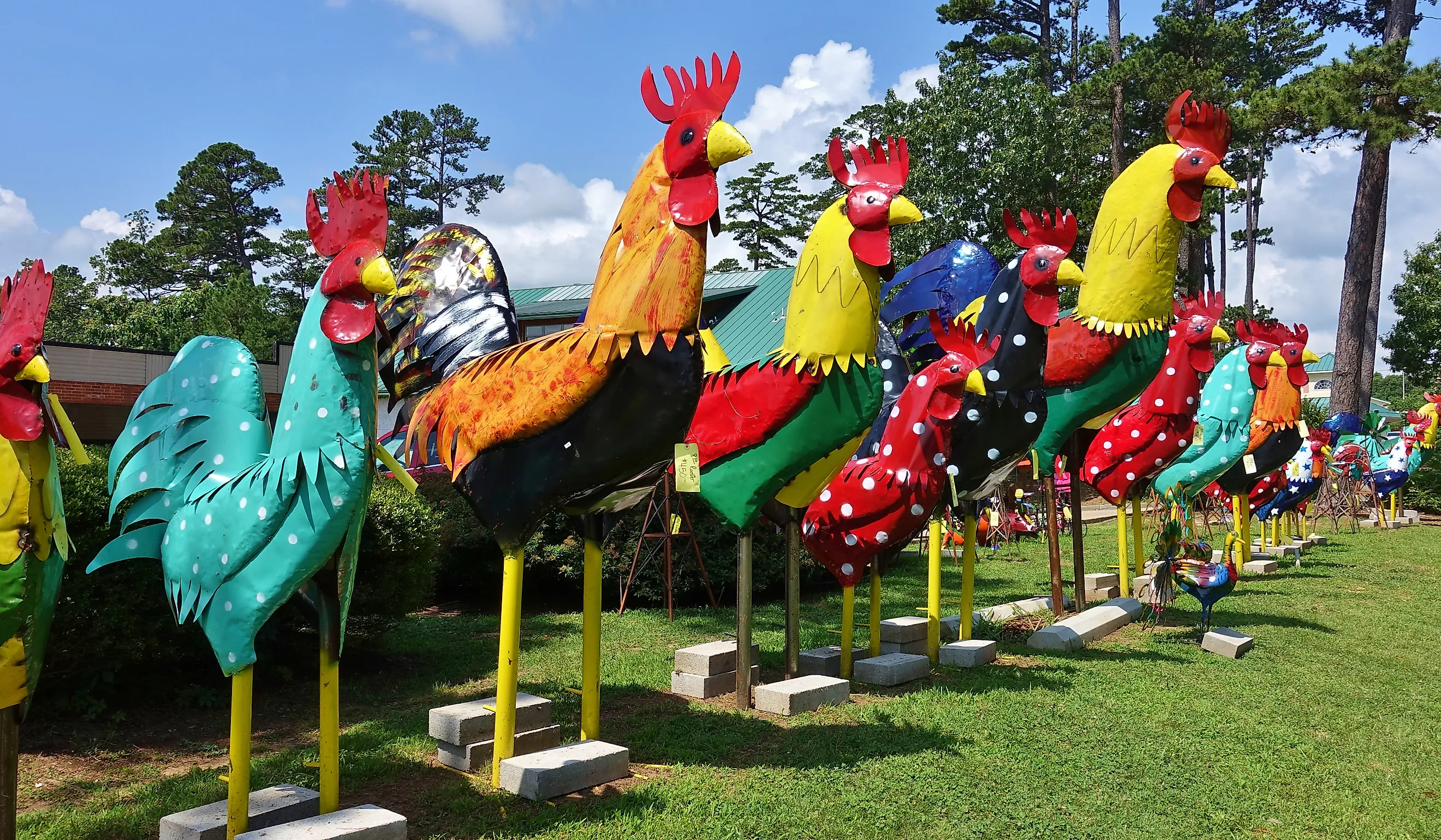 Giant metal roosters at Metal Feathers in Eureka Springs, Arkansas. Editorial credit: EQRoy / Shutterstock.com.
