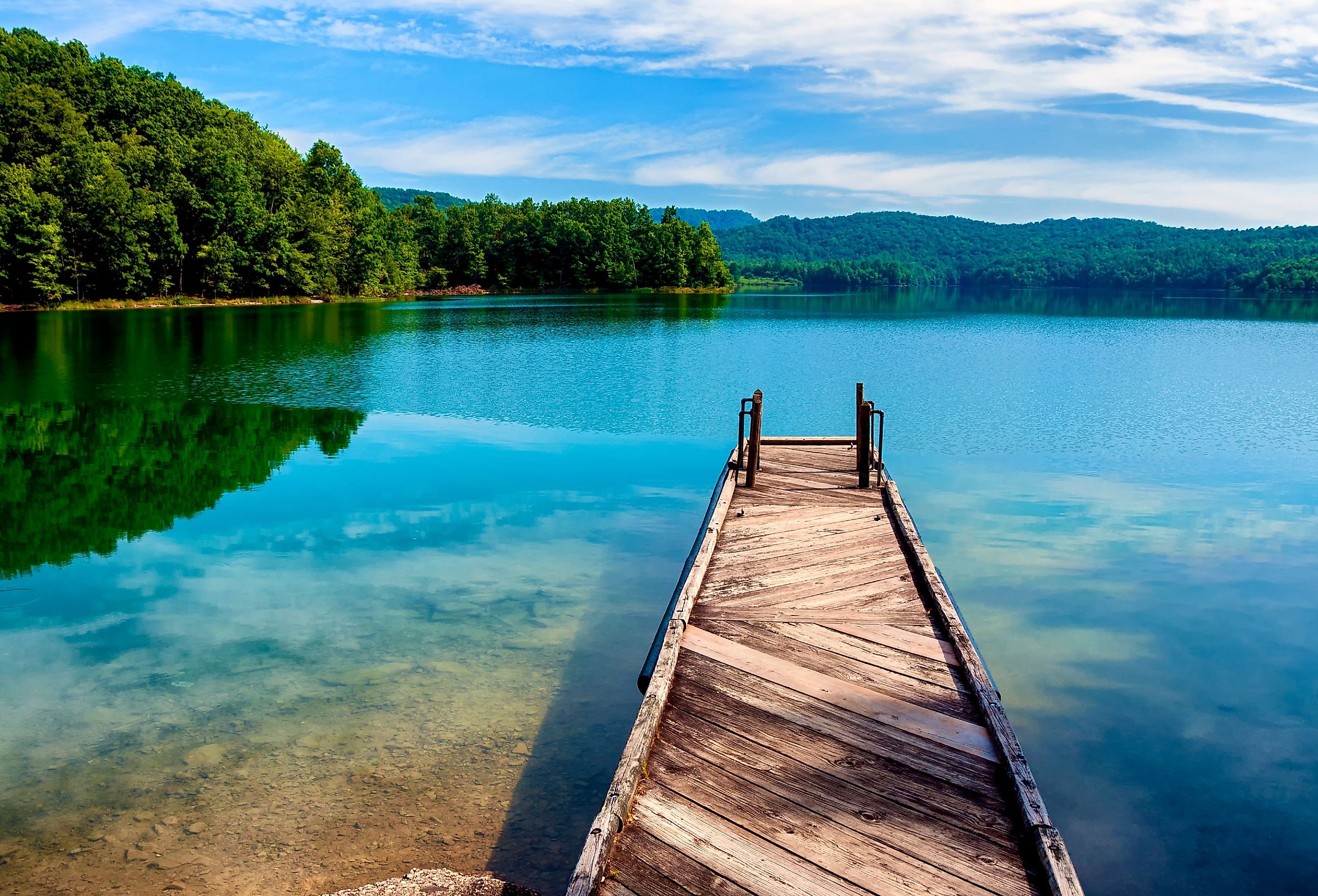 Looking out over a dock at Summersville Lake, Nicholas County, West Virginia.