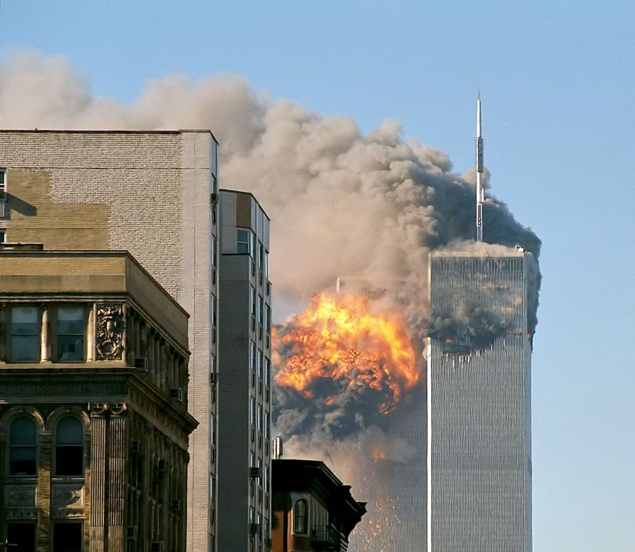 United Airlines Flight 175 crashes into the south tower of the World Trade Center complex in New York City during the September 11 attacks.