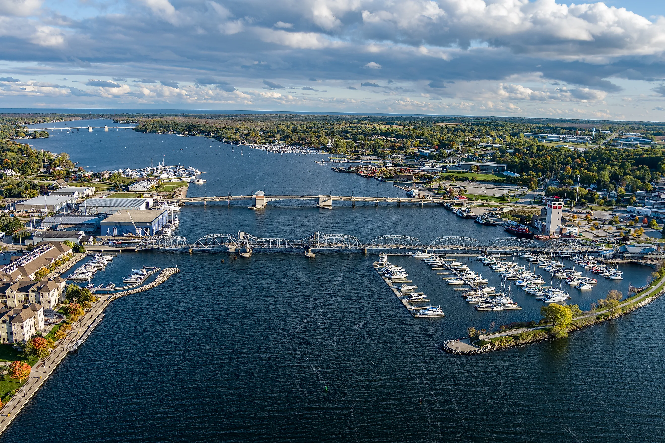 A steel bridge and boats located in the historic Sturgeon Bay of Door County, Wisconsin.