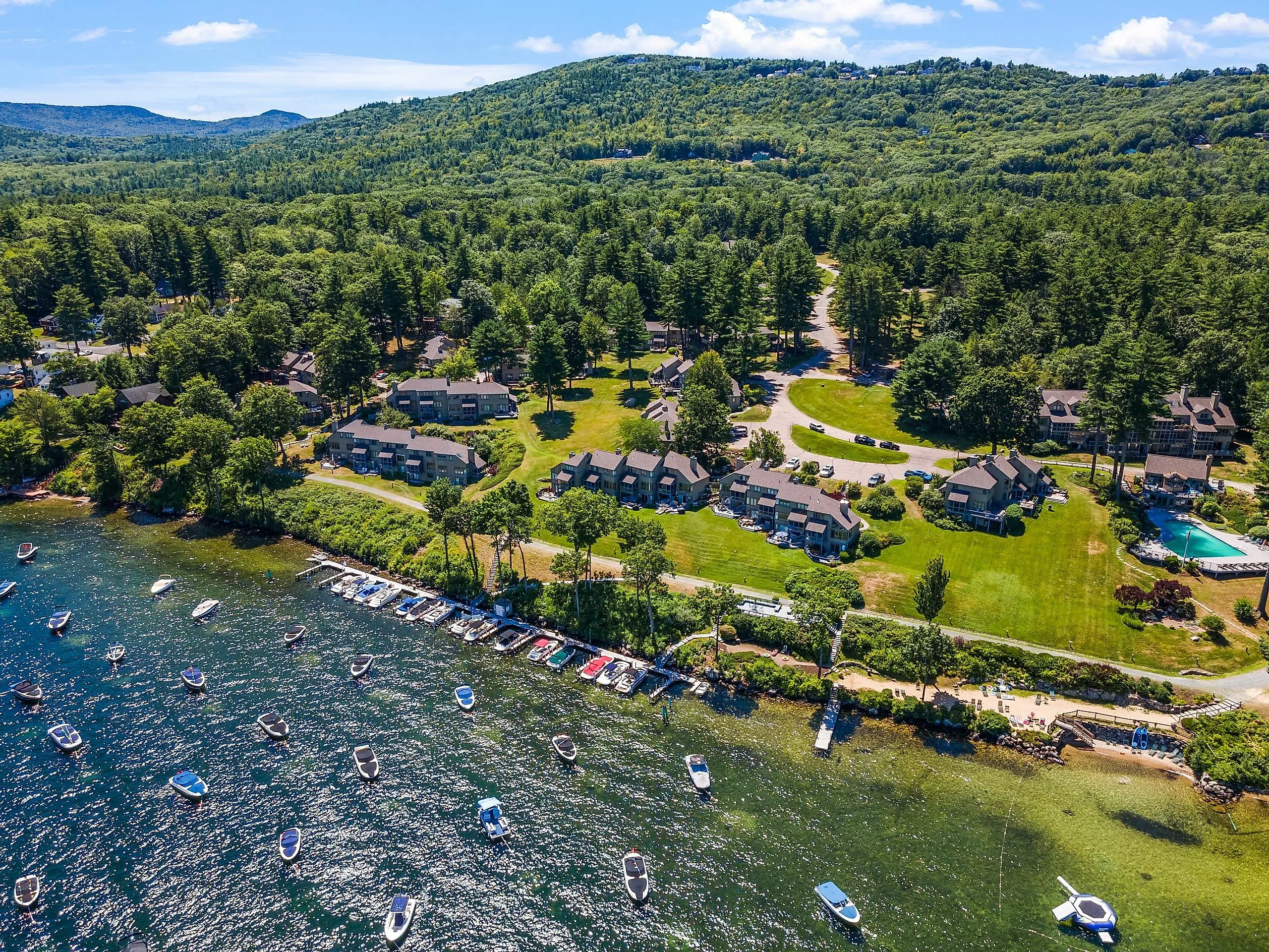 Aerial view of houses near Lake Winnipesaukee in Laconia, New Hampshire.