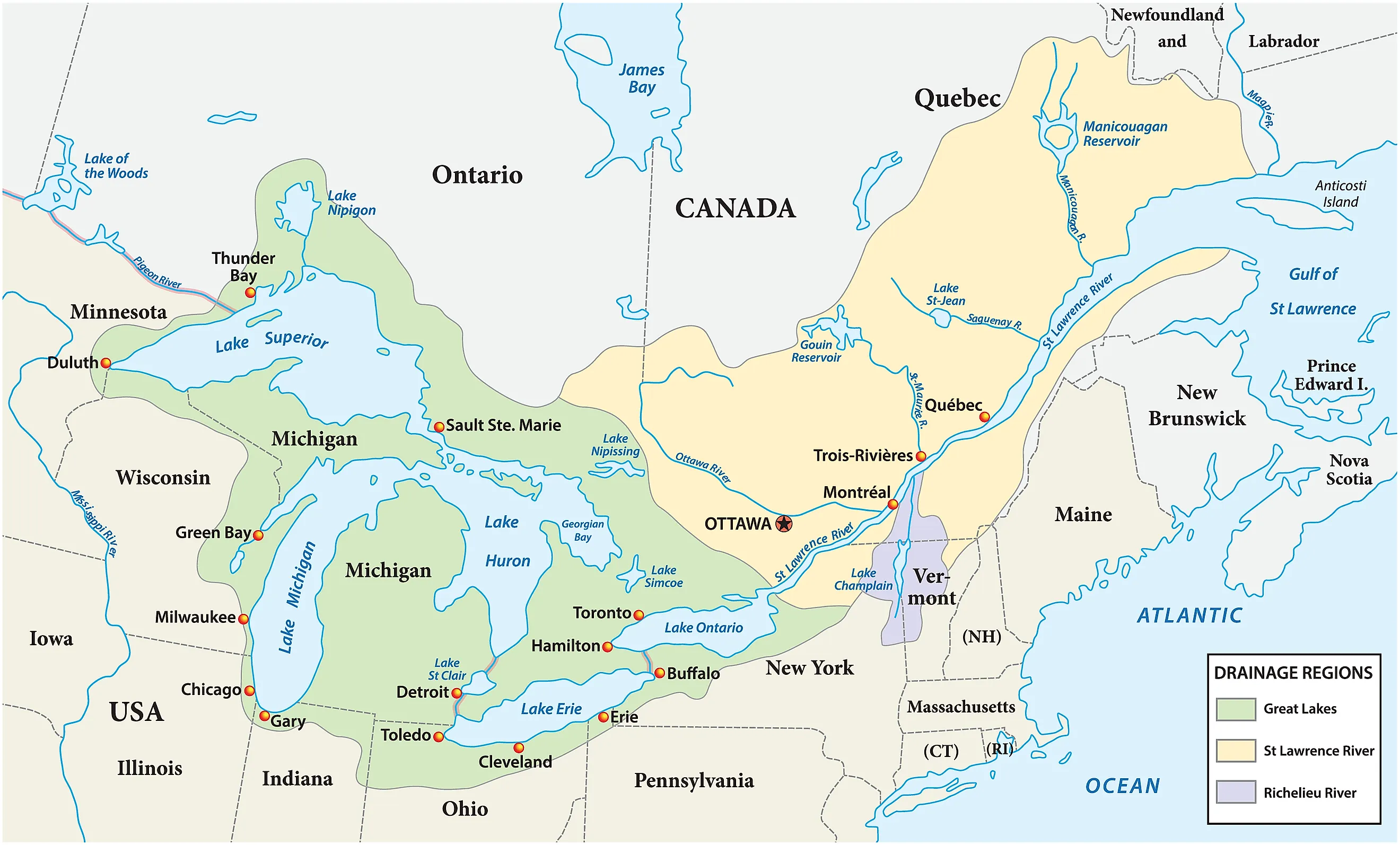 Map of the great lakes and St Lawrence river drainage. 