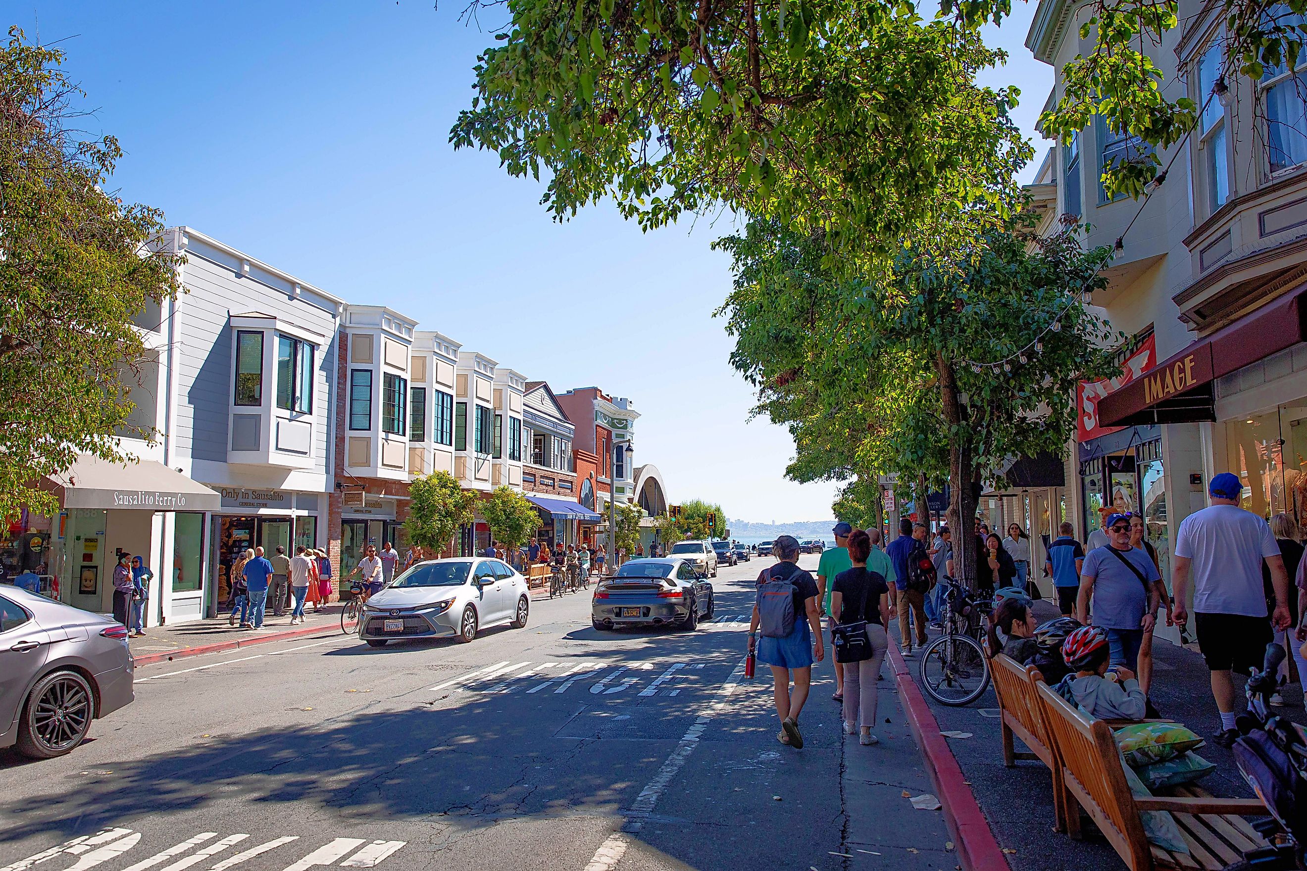 Bridgeway, the main street in Sausalito, California. Editorial Credit: bluestork / Shutterstock.com