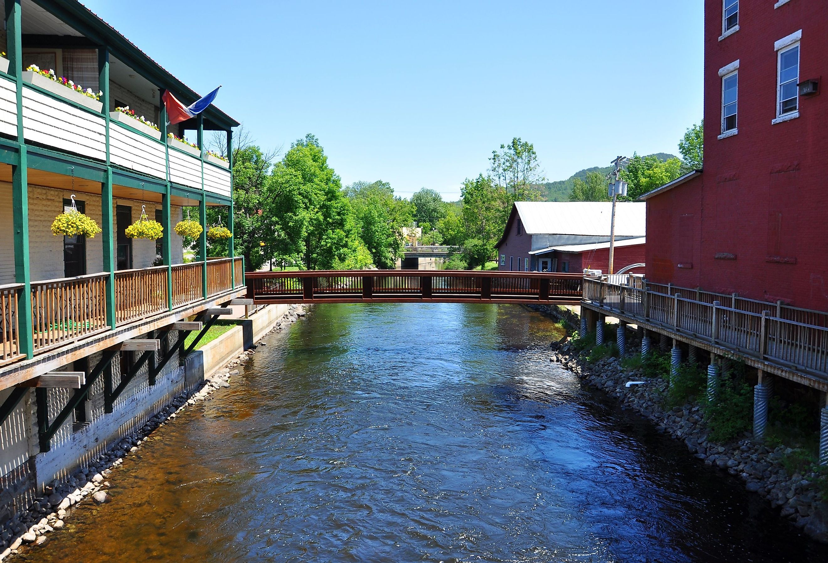 Saranac River in village of Saranac Lake in Adirondack Mountains, New York.