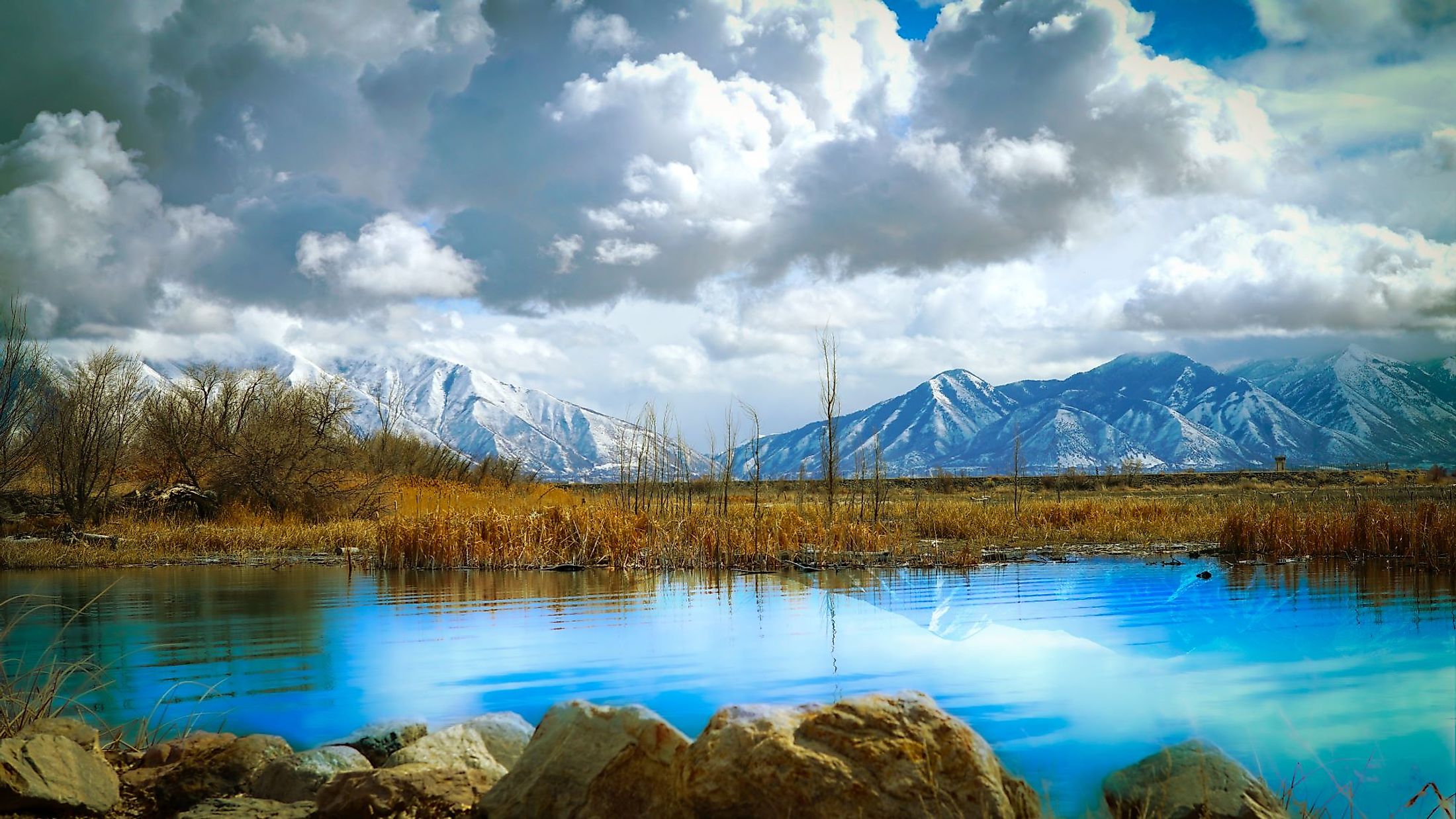 Stunning Mountain view over Utah Lake at Utah Lake State Park, Provo, Utah. 