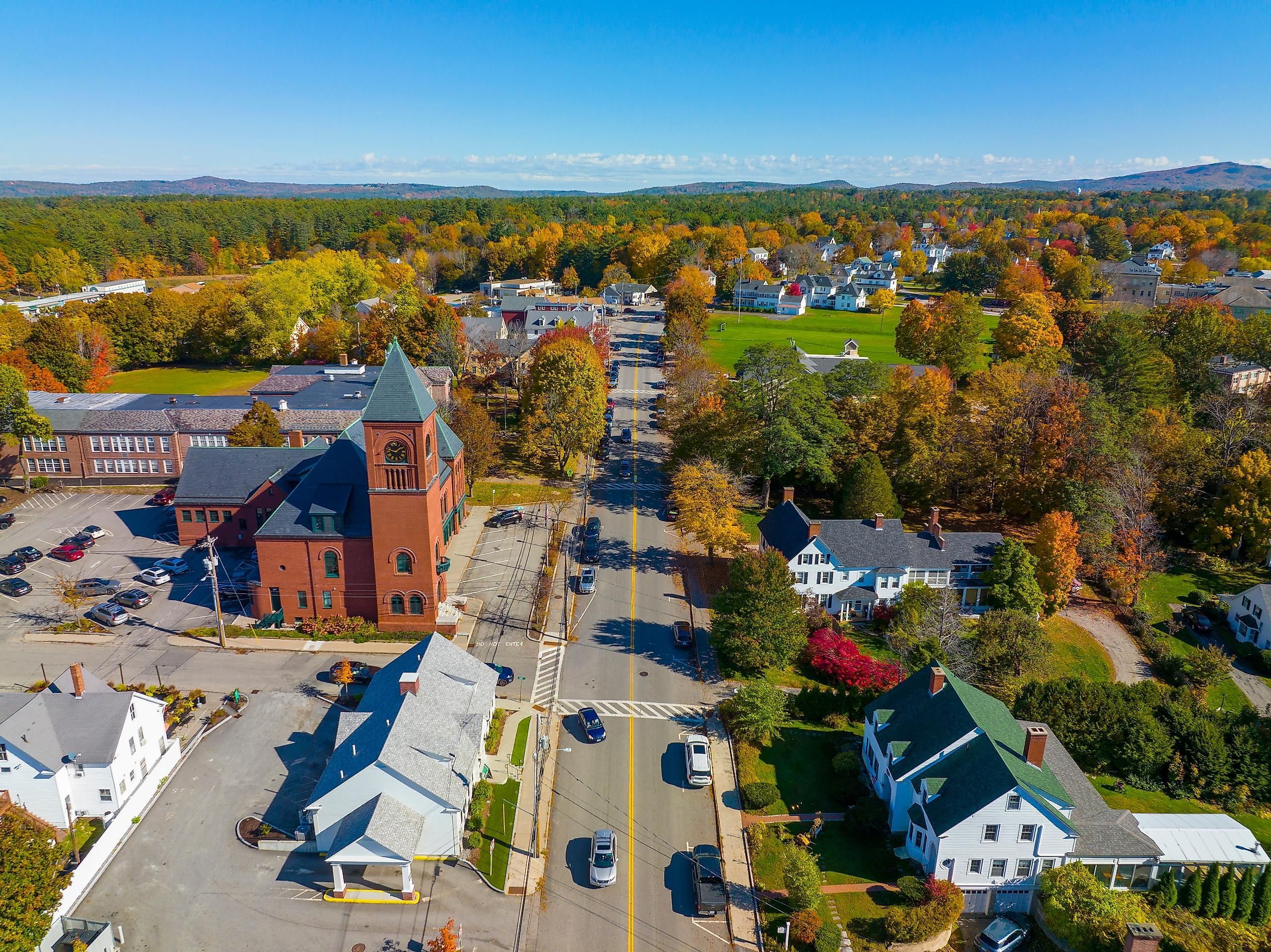 The Main Street lined with historic buildings in Wolfeboro, New Hampshire.