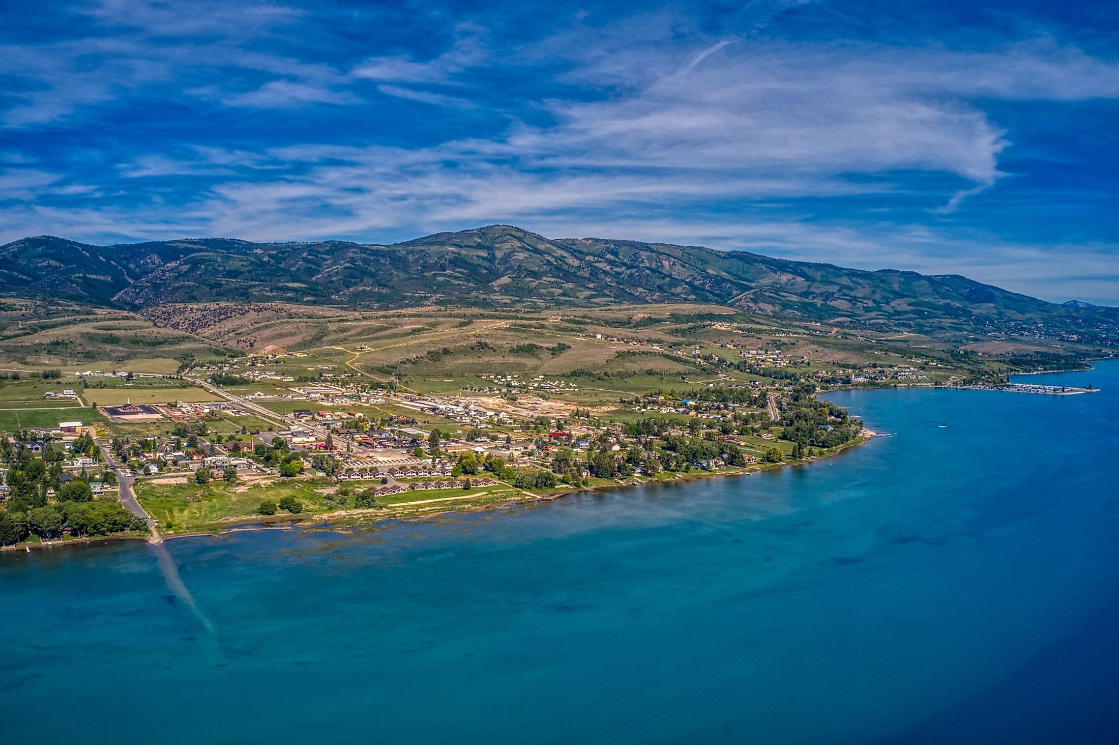 Aerial view of Garden City, Utah on the shores of Bear Lake.