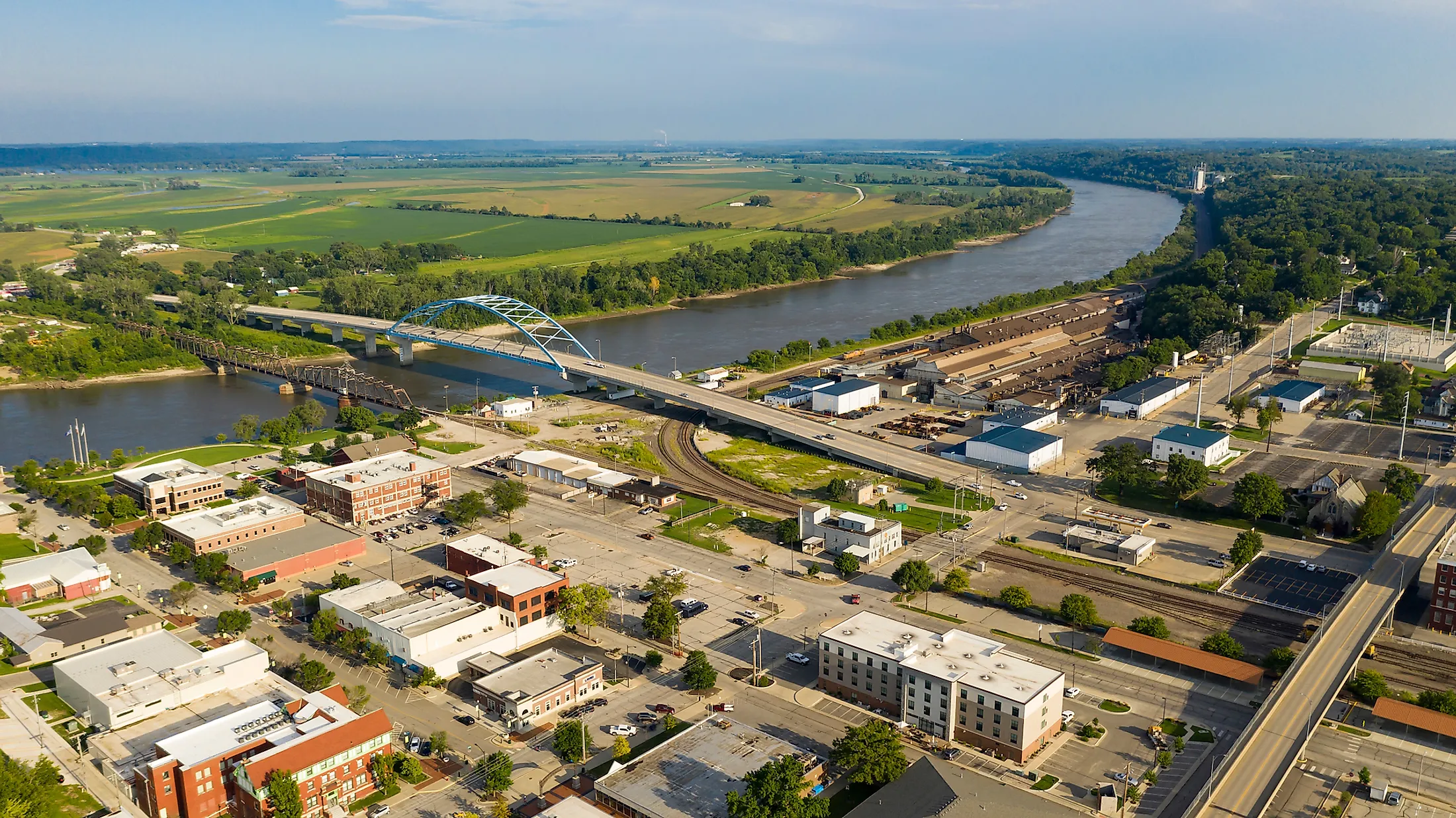 Aerial view over downtown city center of Atchison Kansas in mid morning light