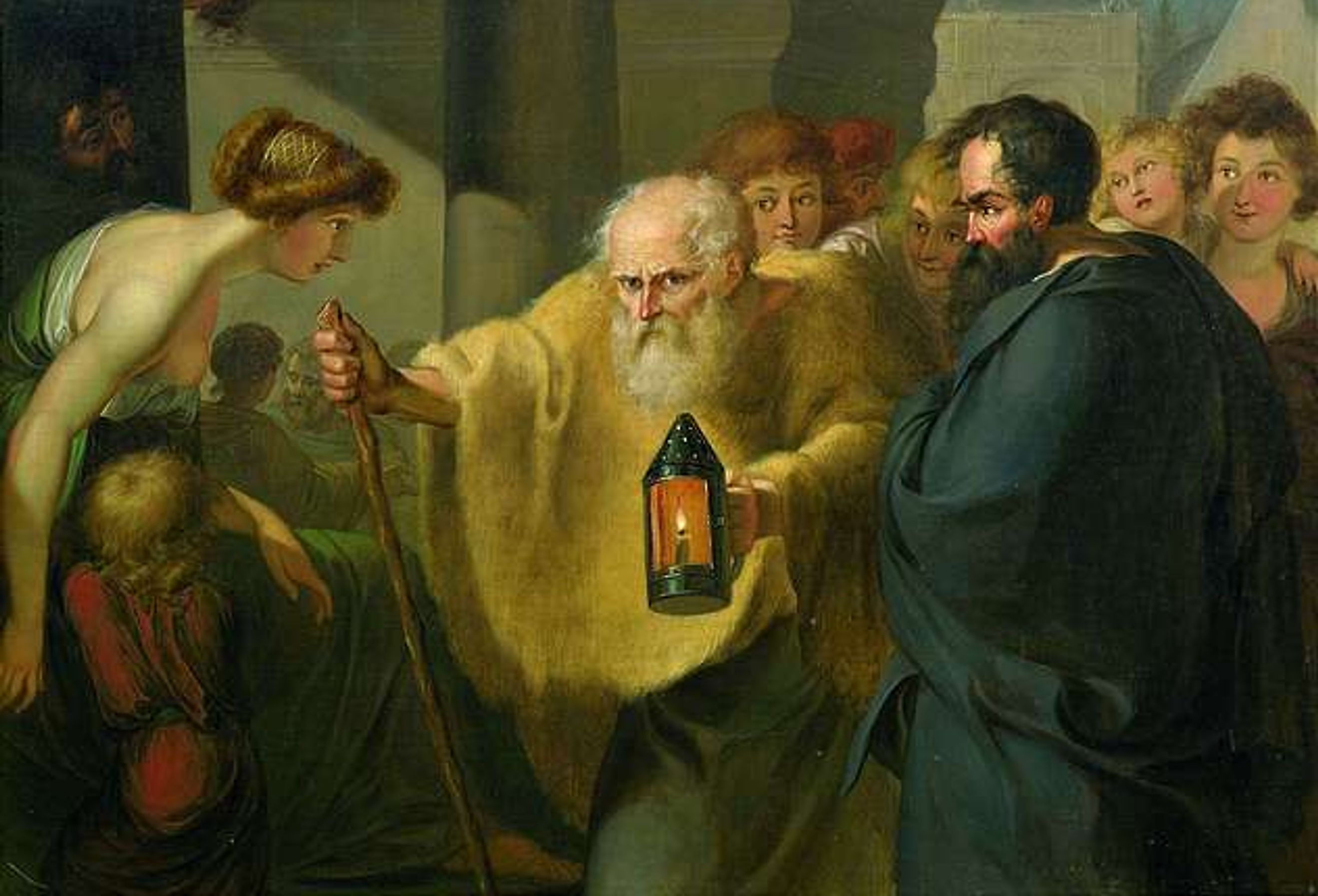 Diogenes, the Critic, looking for an honest man.