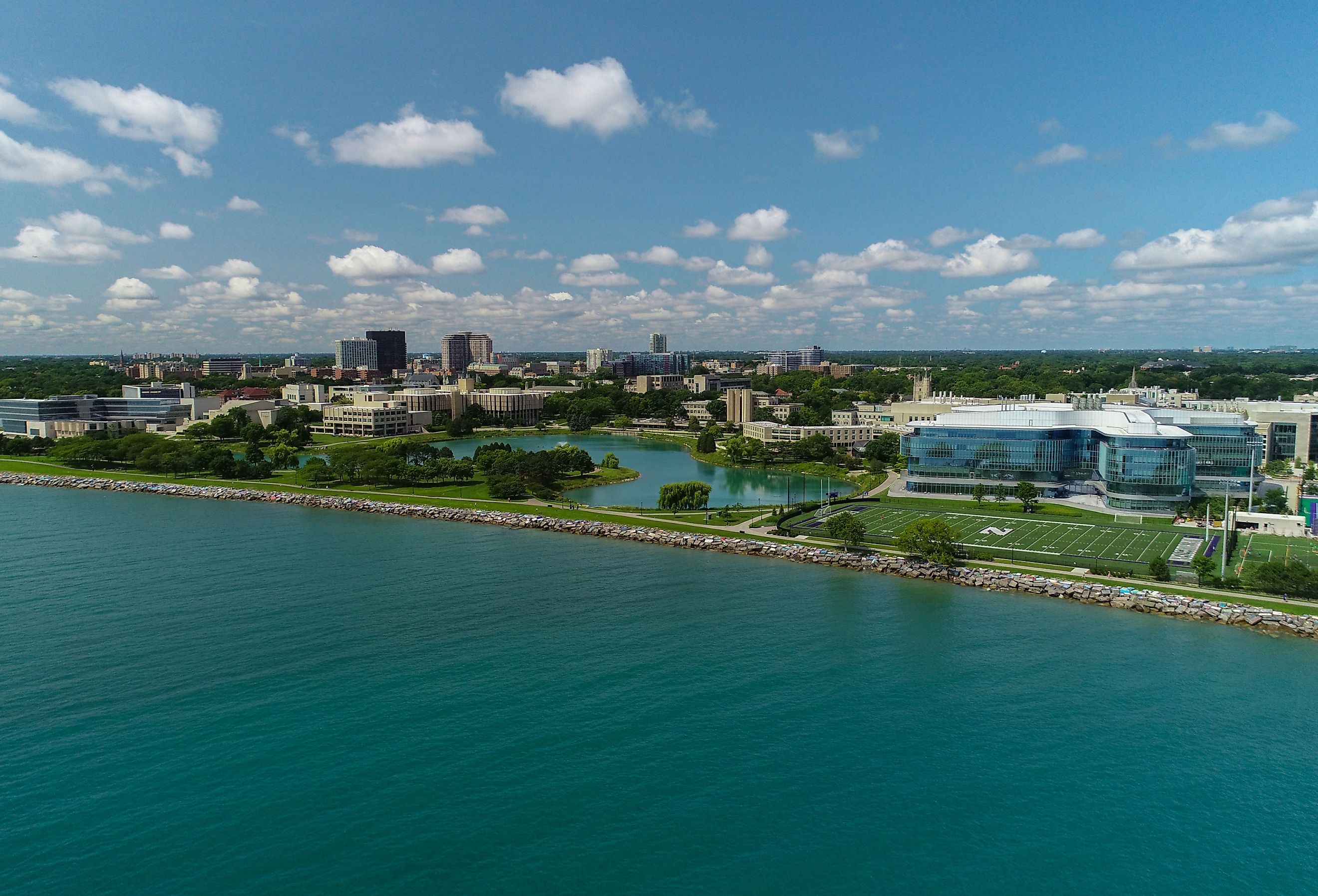 Aerial Waterfront View of Northwestern University Campus in Evanston, Illinois. Image credit Aerialworks USA via Shutterstock