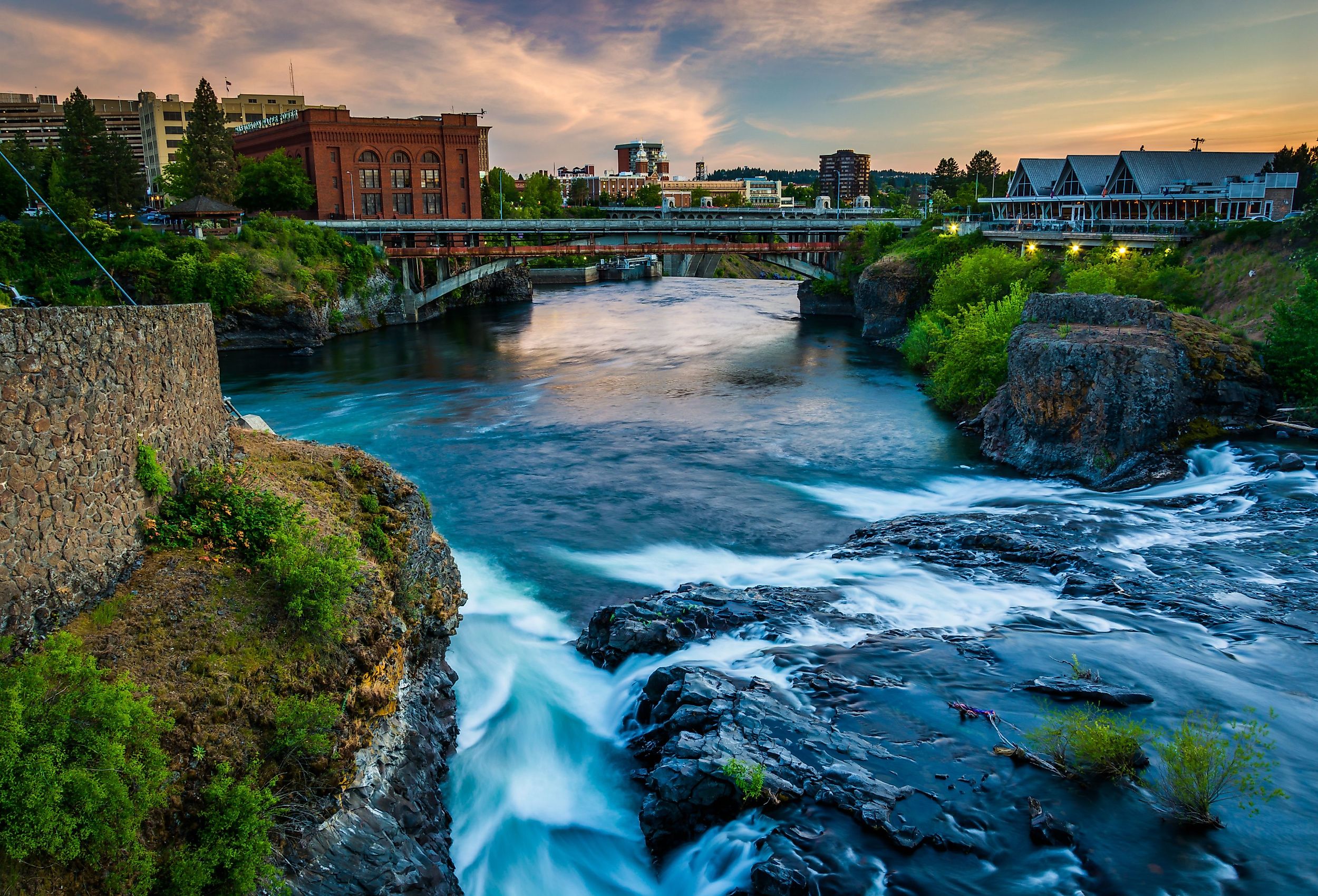 Spokane Falls and view of buildings in Spokane, Washington