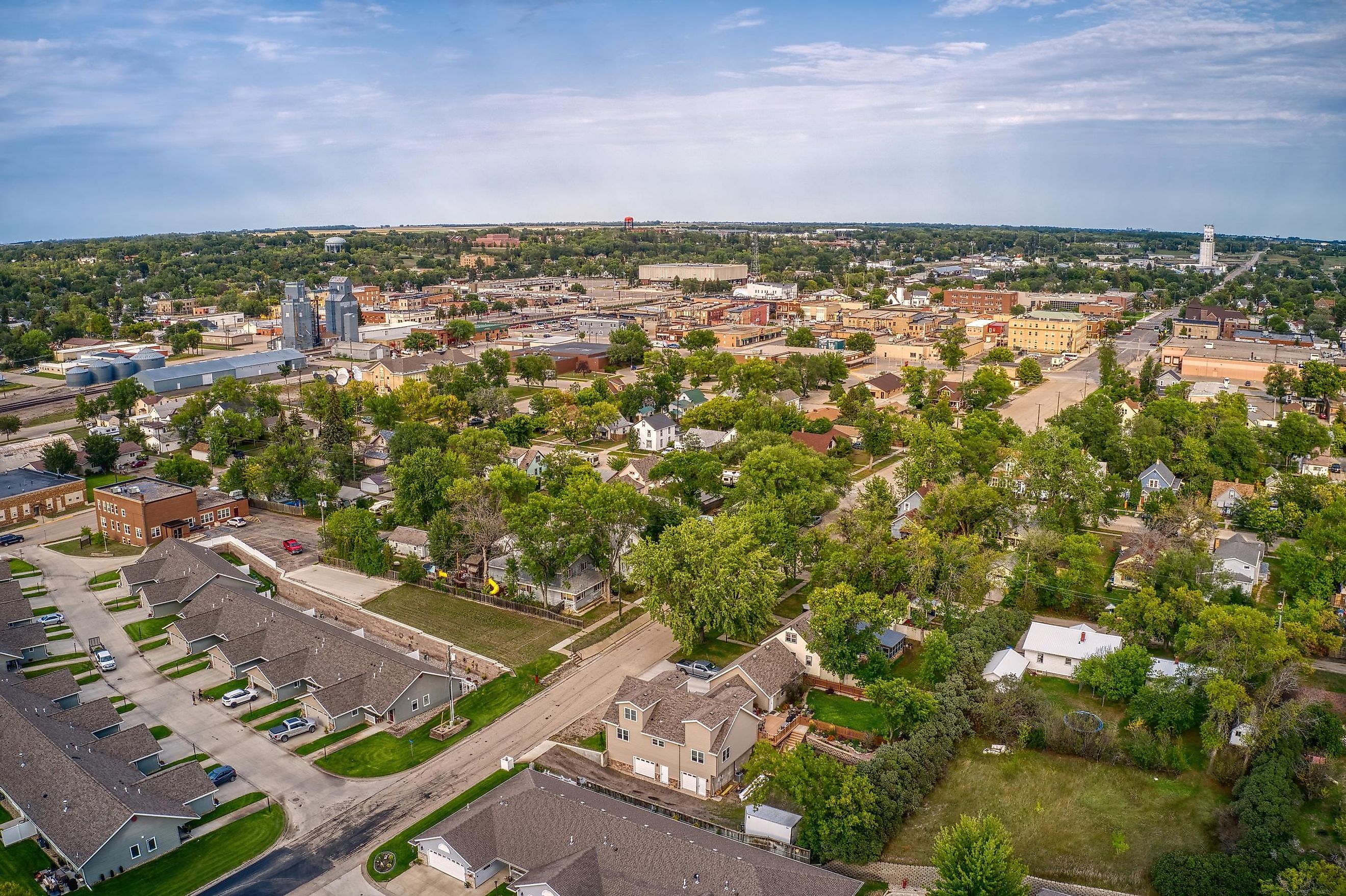 Aerial view of Jamestown, North Dakota, showcasing the town's layout and surrounding landscape along Interstate 94.