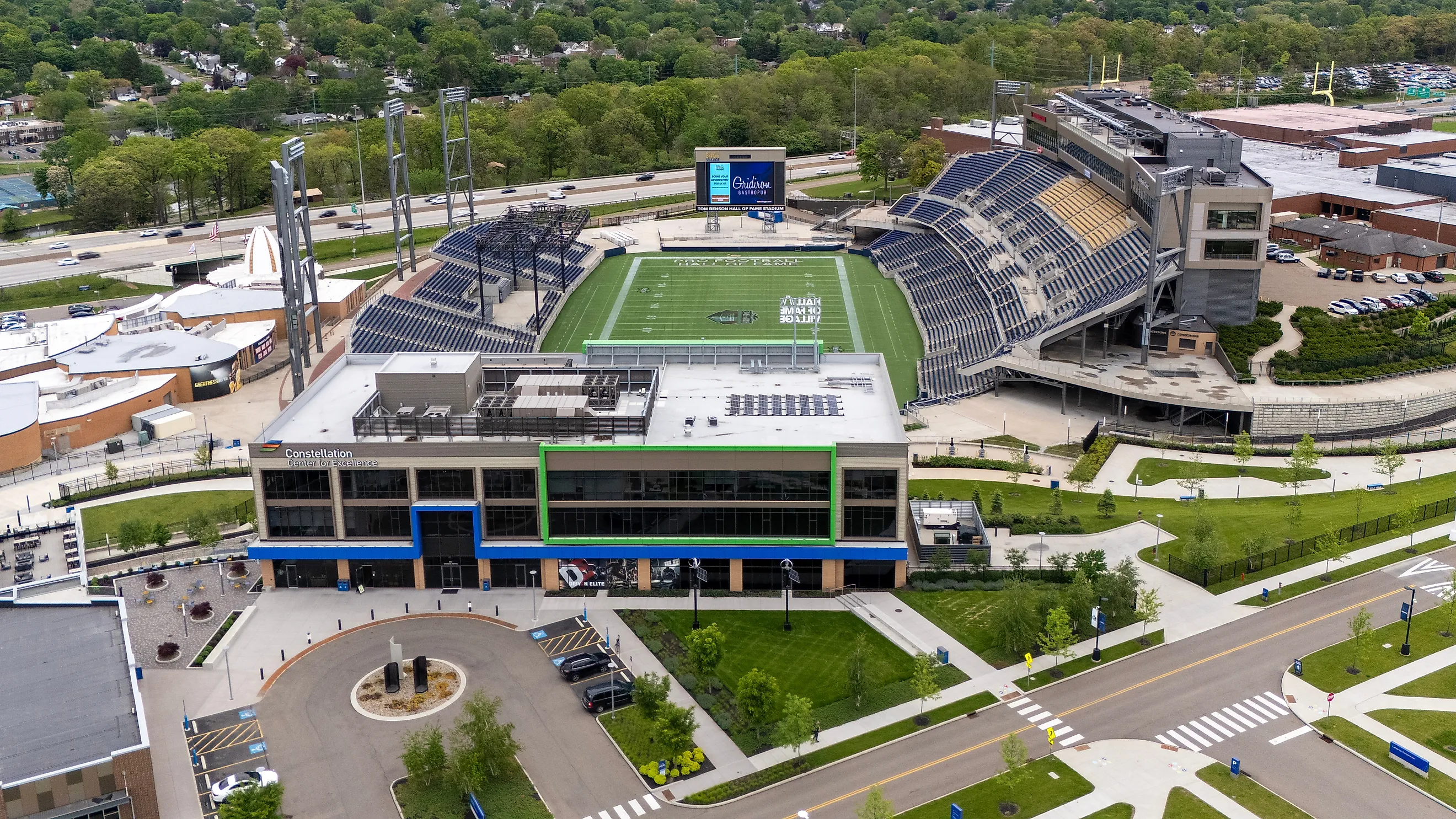 An aerial view of the Pro Football Hall of Fame and Tom Benson Hall of Fame Stadium in Canton, Ohio. Editorial credit: Grindstone Media Group / Shutterstock.com