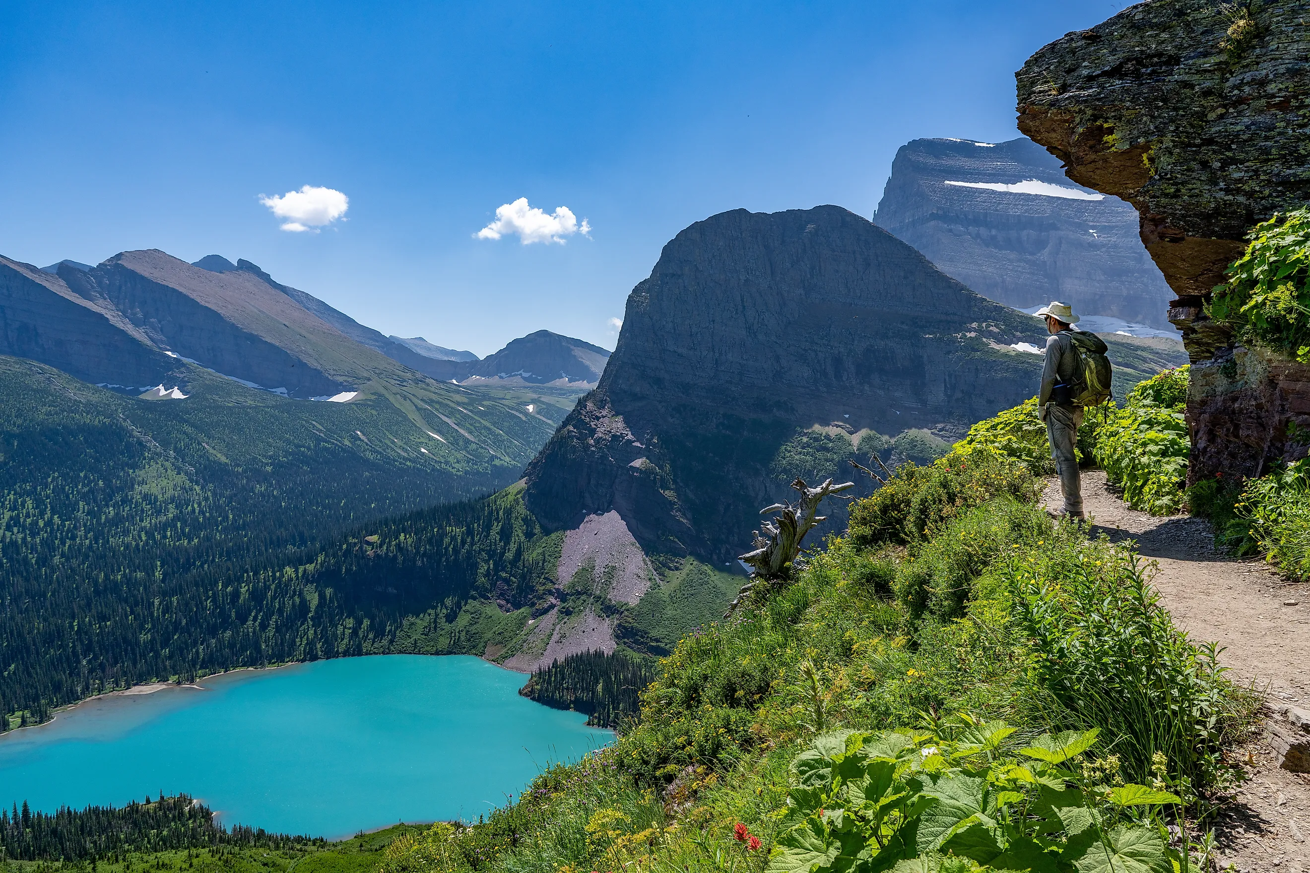 A hiker admiring the scenic landscape in Glacier National Park, Montana.