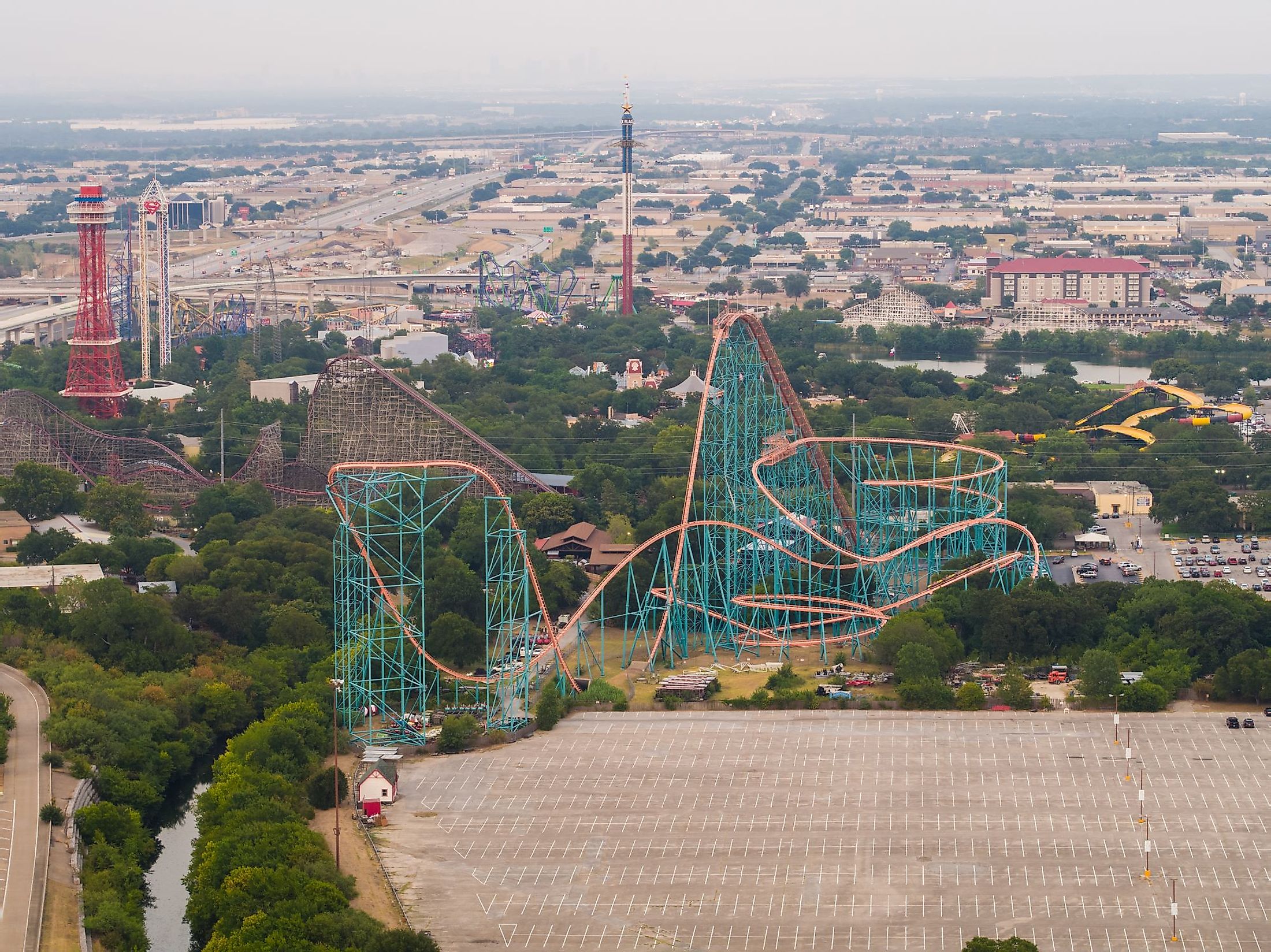 Aerial view of Six Flags Over Texas, an amusement park in Arlington, Texas. Editorial credit: Felix Mizioznikov / Shutterstock.com