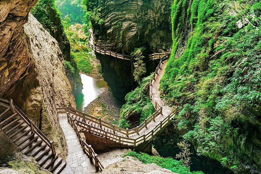Boardwalks along the karst formations in the Longshuixia Fissure Gorge in southwest China.