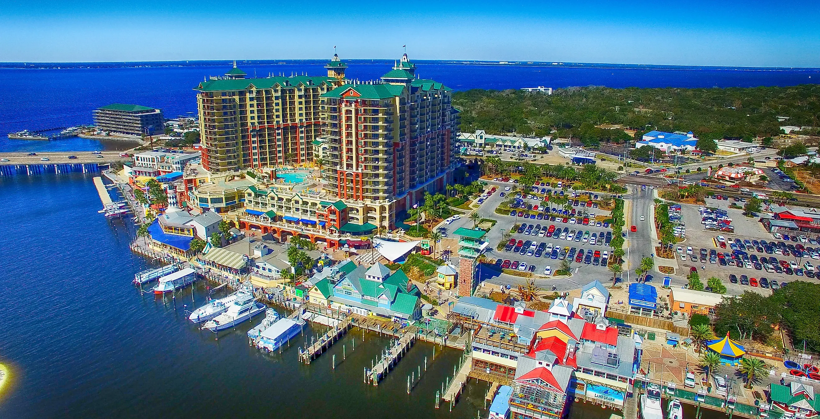 Harborwalk Village sign in Destin, Florida, USA. Editorial credit: Andriy Blokhin / Shutterstock.com