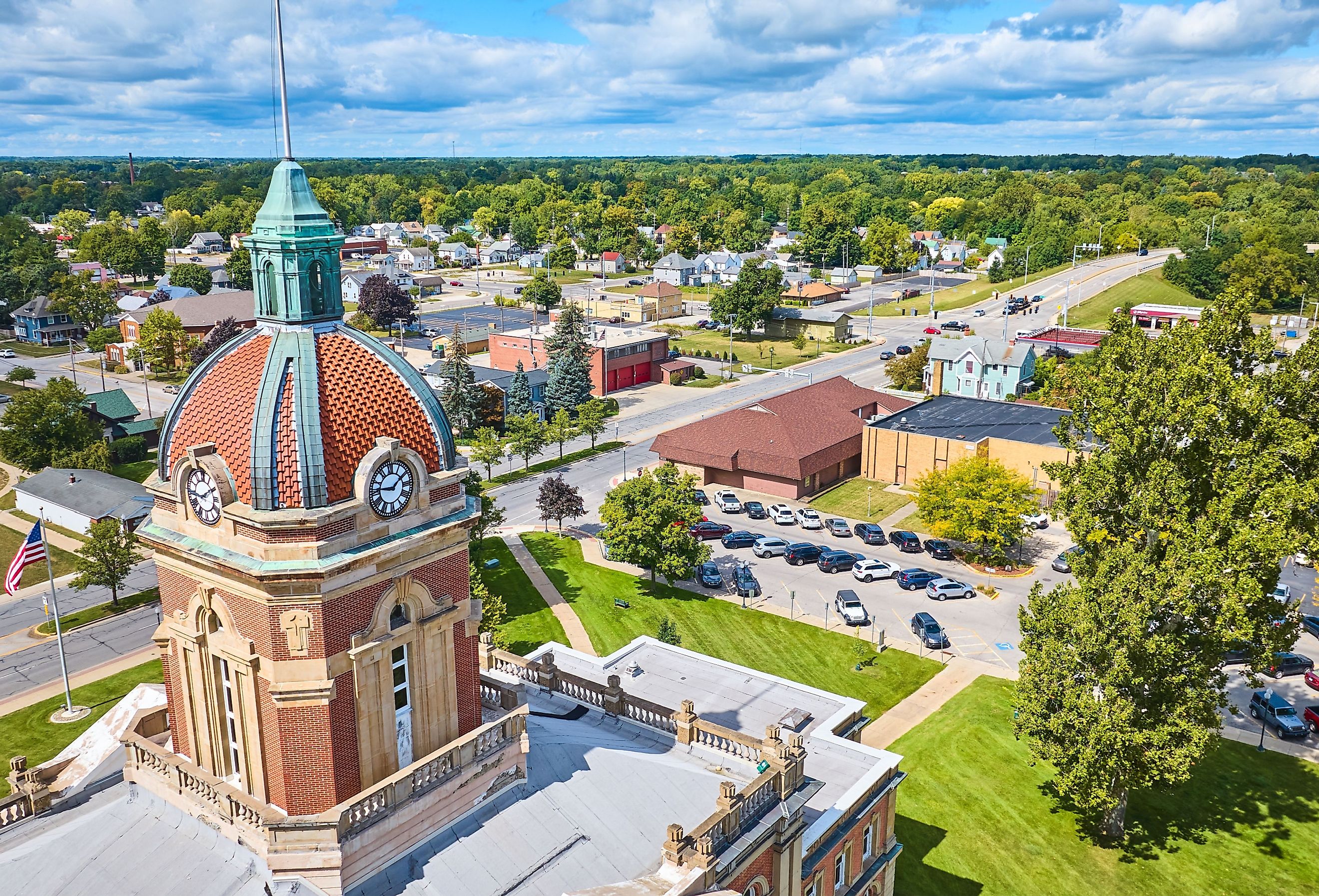 Aerial view of Elkhart Courthouse and suburban townscape of Goshen, Indiana.