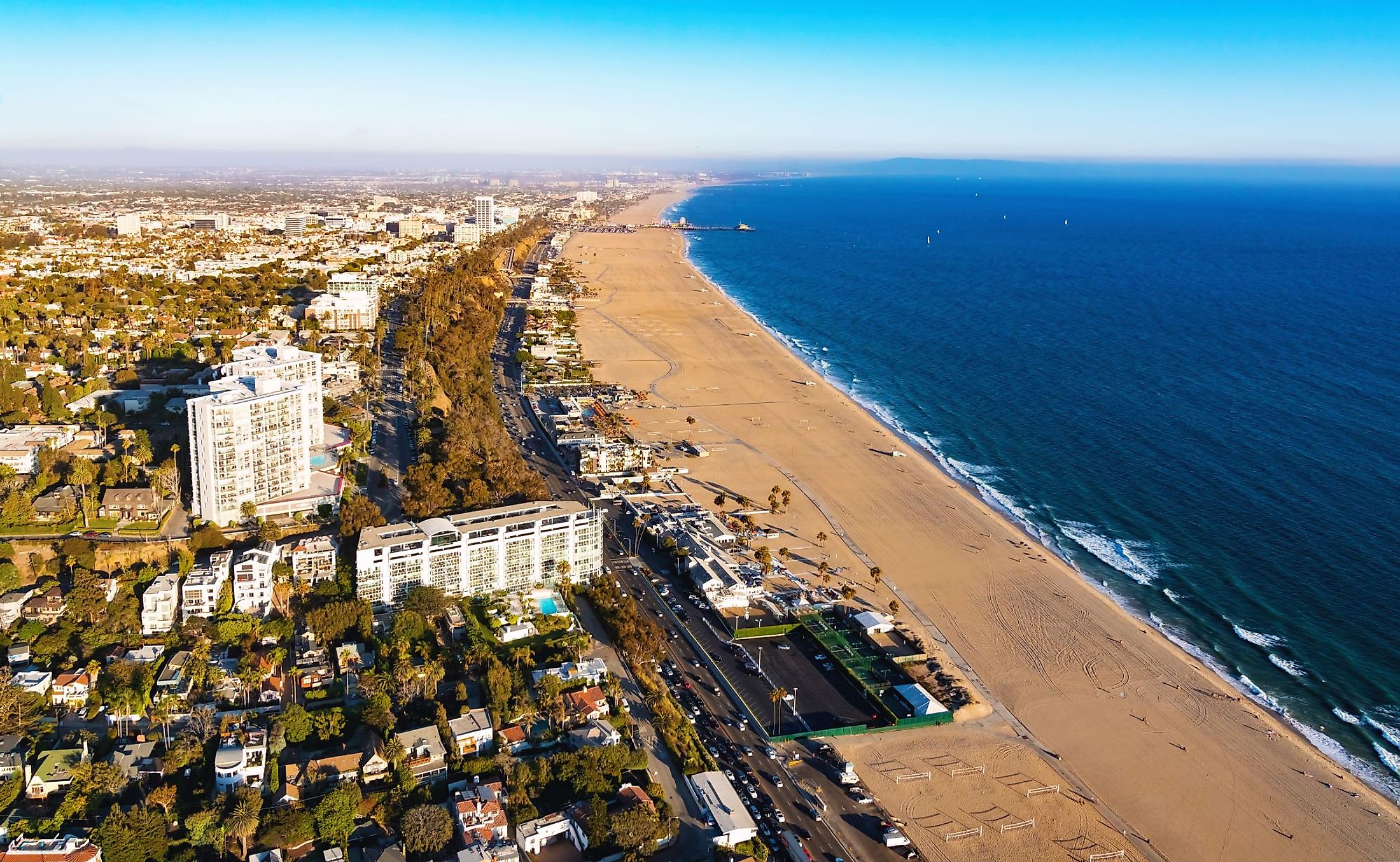 Aerial view of a beach in Santa Monica, California. 