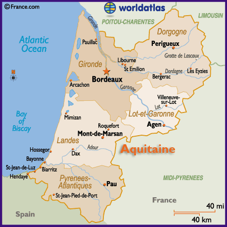 Map Of The Aquitaine Region Of France Including Toulouse Rodez Lourdes And Tarbes Information Page