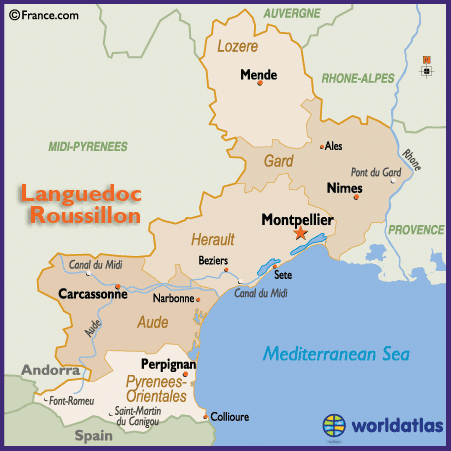 map of the languedoc roussillon region of france including montpellier ...