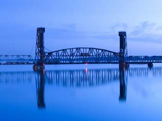 Alabama, Decatur, Old Southern Railway Bridge, Lift Bridge, Tennessee River, Dawn, Blue, USA
