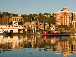 Riverboats, Mississippi River, and Historic Julien Hotel, Dubuque, Iowa