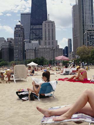 Group of People on the Beach, Oak Street Beach, Chicago, Illinois, USA