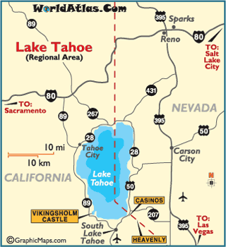 lake tahoe on map Lake Tahoe Map South Lake Tahoe Lake Tahoe Casinos Heavenly Ski Resort Worldatlas Com lake tahoe on map