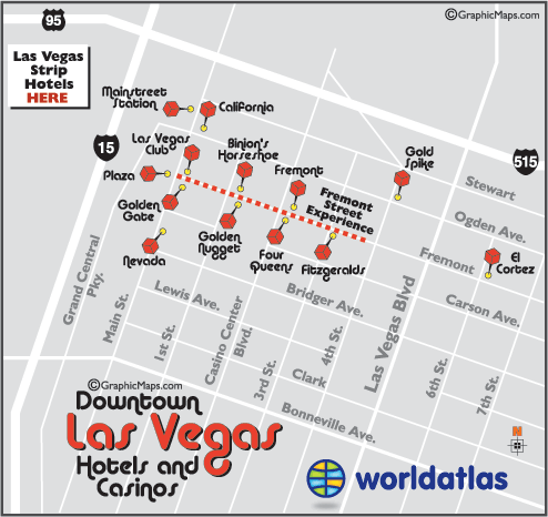 las vegas strip and downtown map Map Of Downtown Las Vegas Hotels And Casinos And The Las Vegas las vegas strip and downtown map