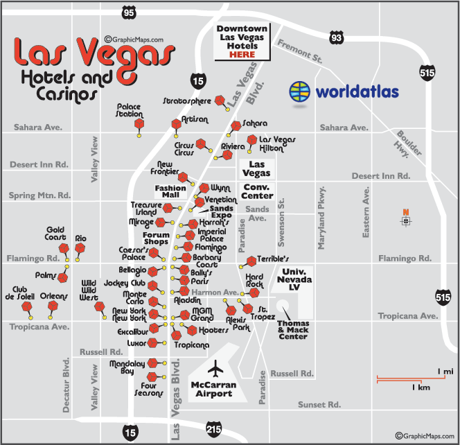 Map Of Las Vegas Hotels And Casinos The Strip And Downtown Hotels