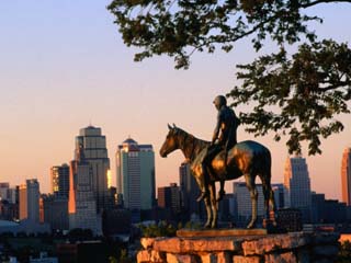 City Skyline Seen from Penn Valley Park, with Indian Statue in Foreground, Kansas City, Missouri