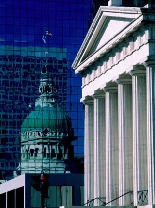 Old Courthouse and Historic Dome Reflected in Modern Building, St. Louis, Missouri