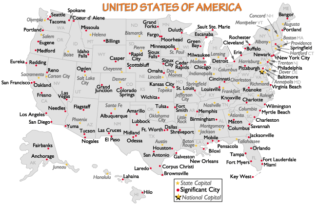 usa state maps with cities United States Major Cities And Capital Cities Map usa state maps with cities