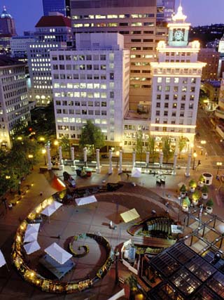 City Lights from Above Pioneer Courthouse Square in Downtown Portland, Oregon, USA