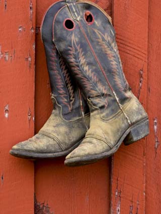 Worn Cowboy Boots Hanging, Ponderosa Ranch, Seneca, Oregon, USA