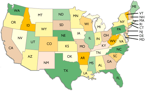 Coloured Us State Map With State Abbreviations