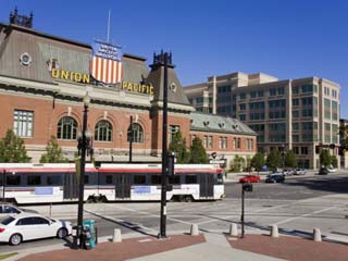 Historic Union Station and Light Rail Train, Salt Lake City, Utah, USA